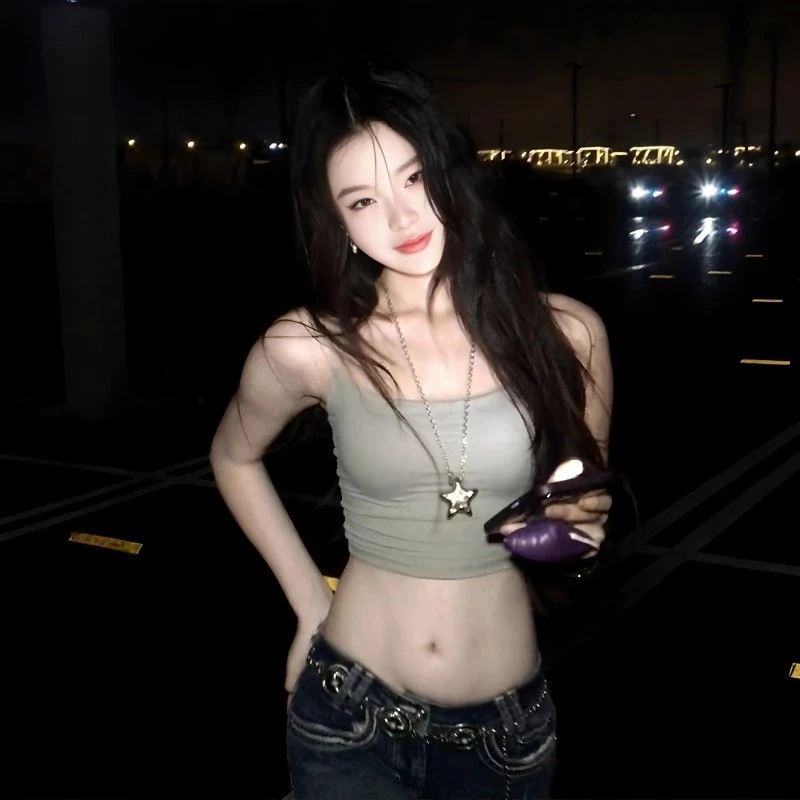 纯欲夏季辣妹性感灰色露背吊带背心外穿紧身运动美背内搭无袖上衣