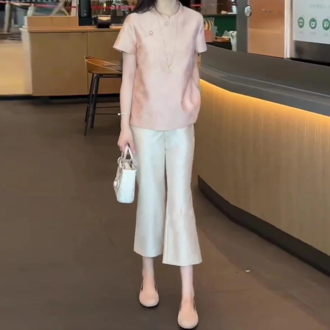 夏天巨好看的套装女新中式国风粉色短袖上衣醋酸缎面阔腿裤两件套