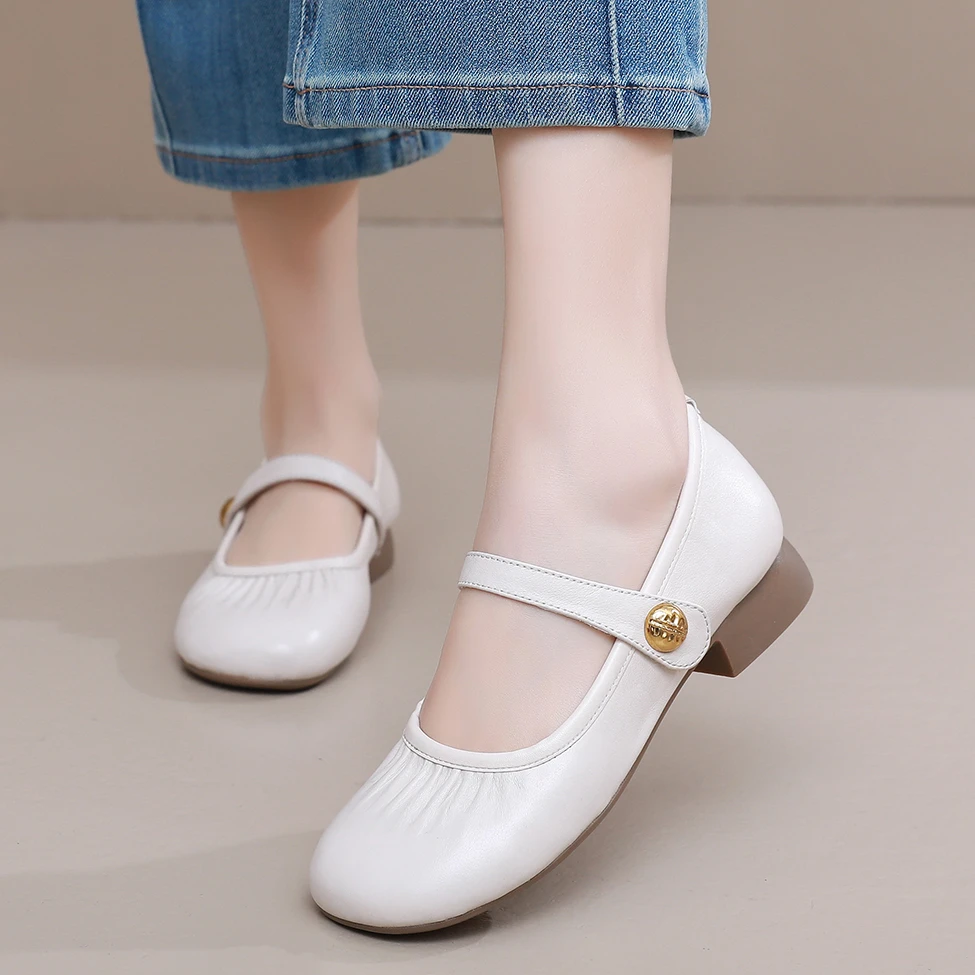 春季软面真皮浅口舒适粗跟单鞋大码软底中年妈妈鞋舒适玛丽珍皮鞋