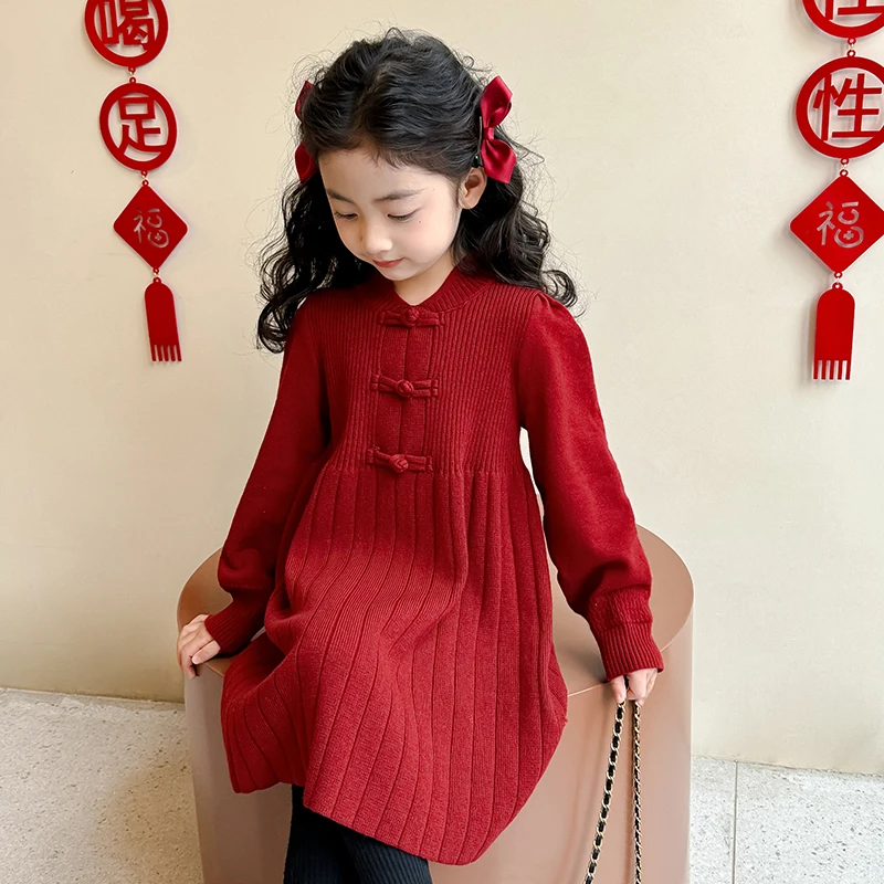 【年服毛线针织裙】女童秋冬装毛衣针织连衣裙公主裙新年服-YGG