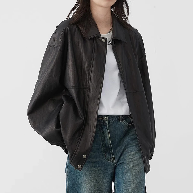 2025秋冬新款中性风宽松褶皱肌理感PU皮夹克休闲气质皮衣外套女