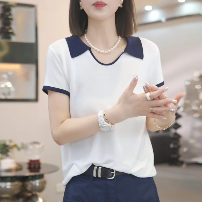 2025夏季潮流新品短袖翻领针织衫女时尚拼接设计感气质减龄上衣
