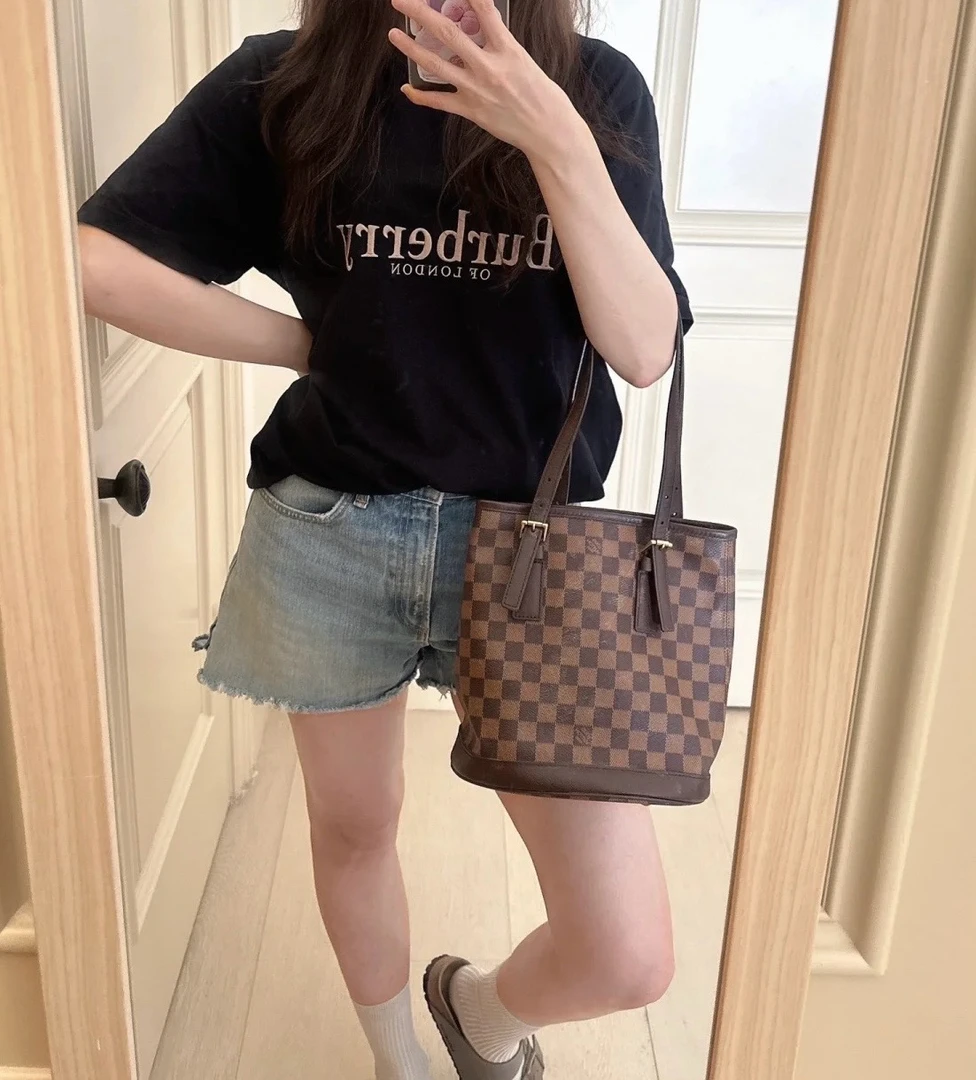 95新 LouisVuitton/路易威登 修复品LV棕棋盘格小号水桶单肩包