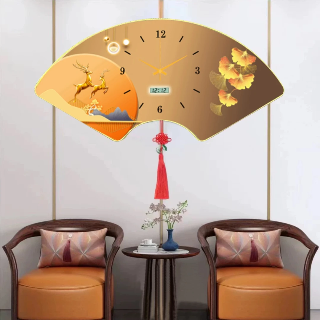 扇形【双鹿送福】8001钟表现代创意中国风网红时钟客厅客厅装饰画
