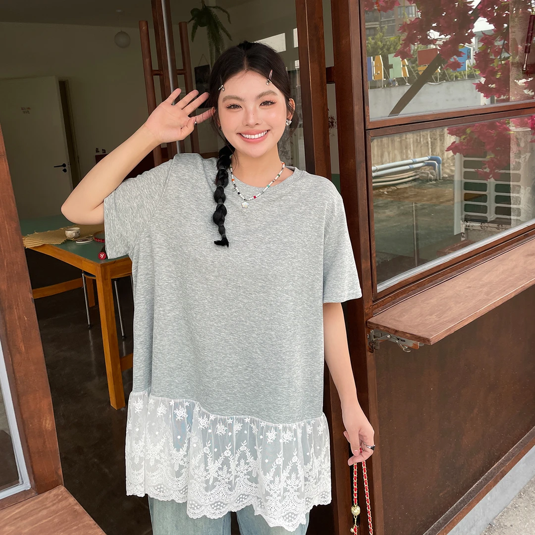 【现现专场】夏季新款大码女装蕾丝拼接下摆圆领T恤宽松显瘦上衣
