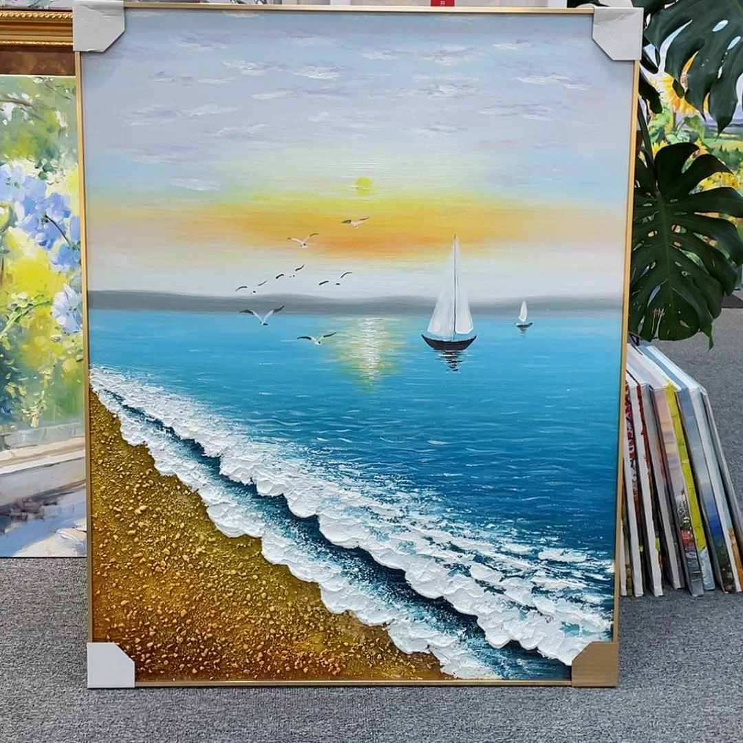 【闪购商品】油画海岸日出手绘油画含框80×100