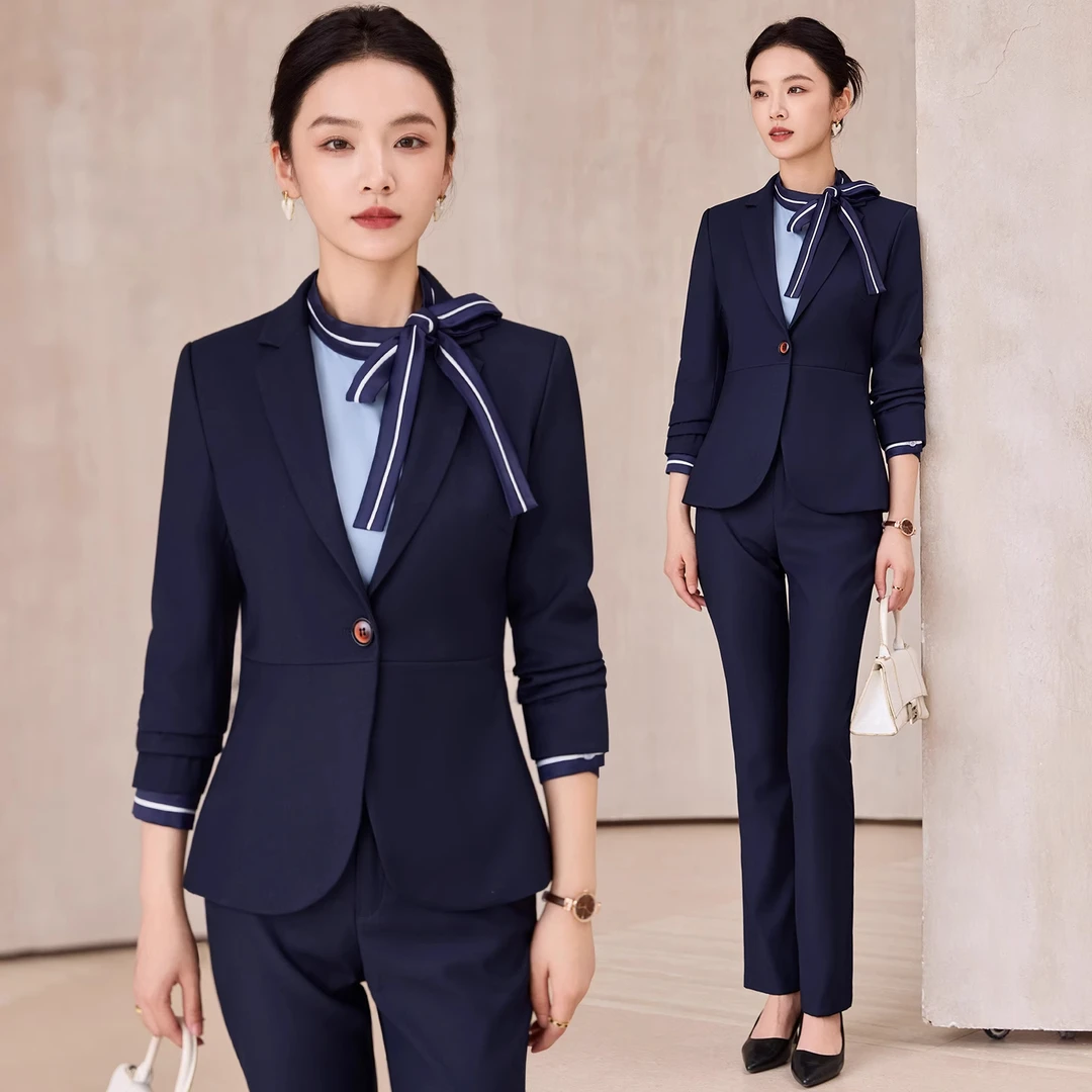 蓝色西装套装女秋冬季气质美容院珠宝金店接待工装酒店前台工作服