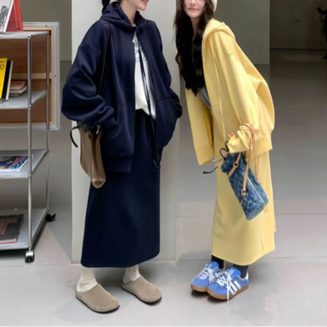 连帽卫衣外套开叉半身裙套装女冬季设计感小众两件套