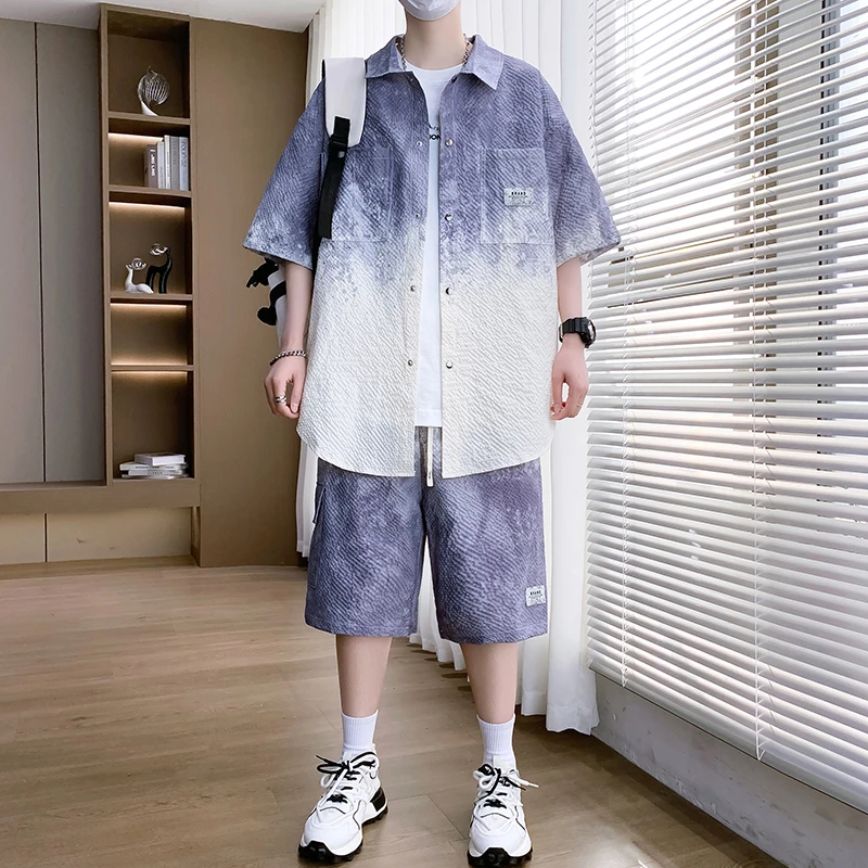 青少年套装男款夏季美式休闲两件套短袖短裤渐变衬衫搭配一套男装