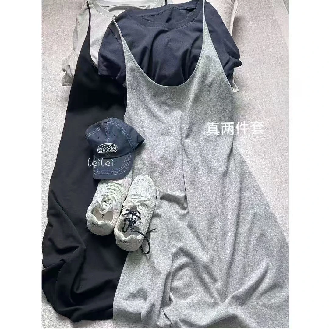 夏日韩系减龄洋气套装女大码胖mm显瘦短袖t恤叠穿吊带背心裙两件