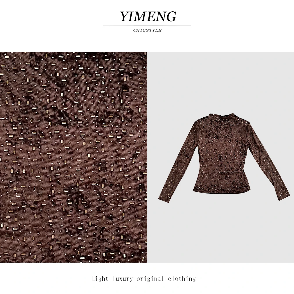 YIMENG/逸梦 【红豆泥】时尚气质秋冬百搭棕色丝绒长袖打底衫