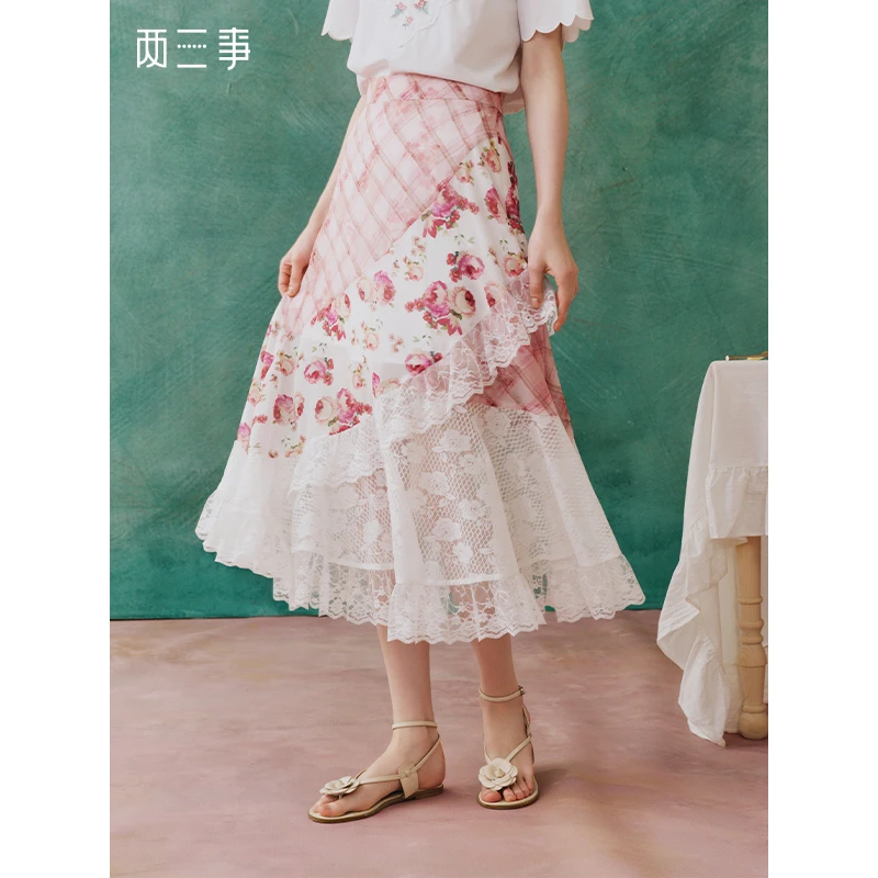 【芋总专属】两三事 香甜梦境 荷叶边蕾丝裙摆拼接格子印花半身裙