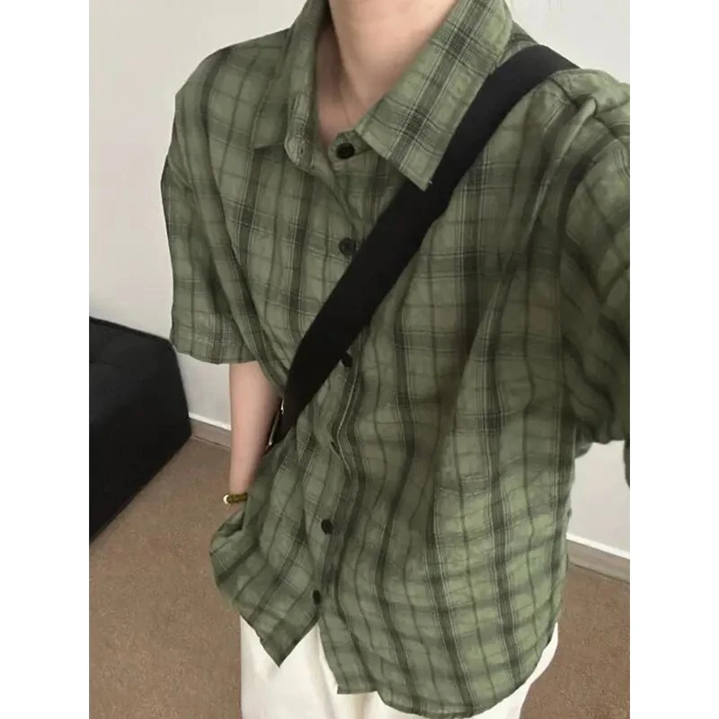 军绿色格子短袖衬衫男夏季薄款速干凉感衬衣格纹翻领防晒情侣外套