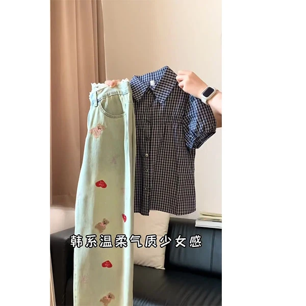 短袖t恤女夏季2025正肩设计感修身刺绣牛仔裤两件套装气质ins潮