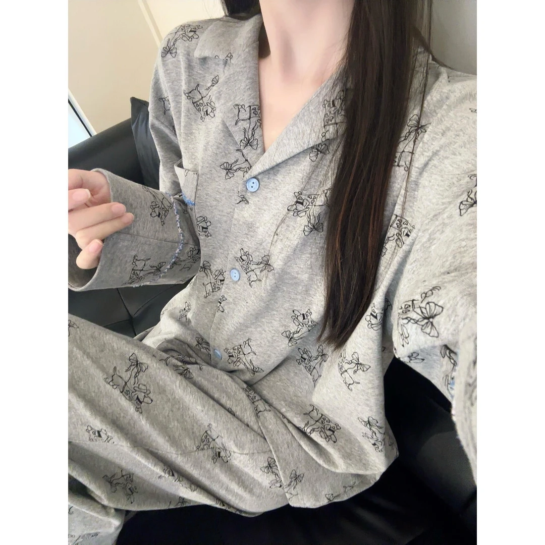 韩版甜美蝴蝶结小狗印花睡衣女款2025新款春秋季长袖可外穿家居服
