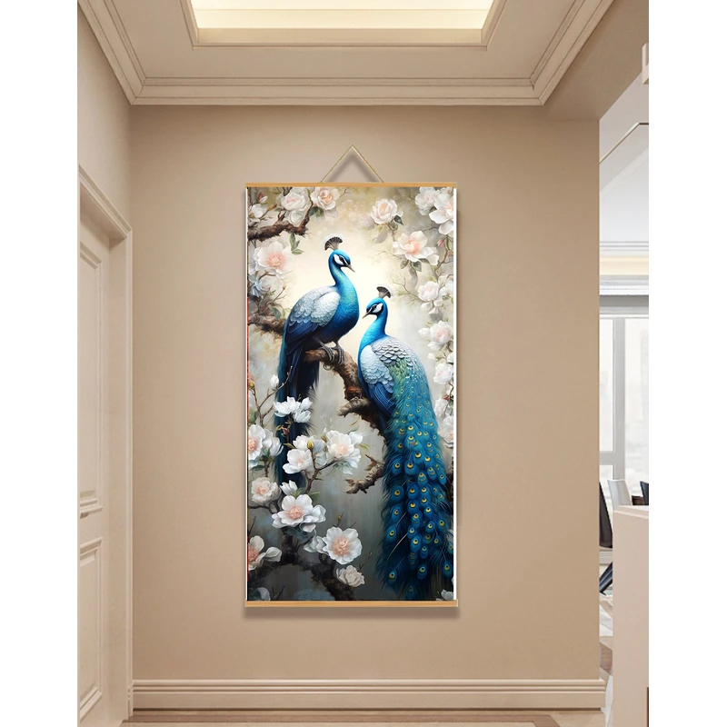 [55双孔雀图]60x120cm现代简约挂轴装饰画办公室家居装饰画