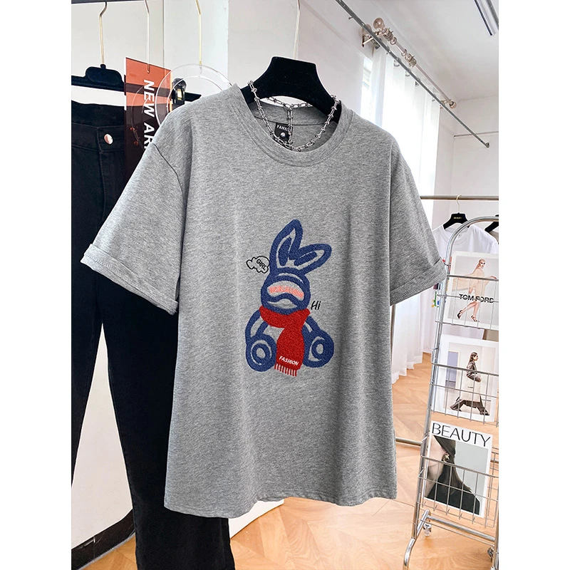 夏季韩版慵懒风纯棉刺绣短袖t恤女大码胖mm2025独特超好看上