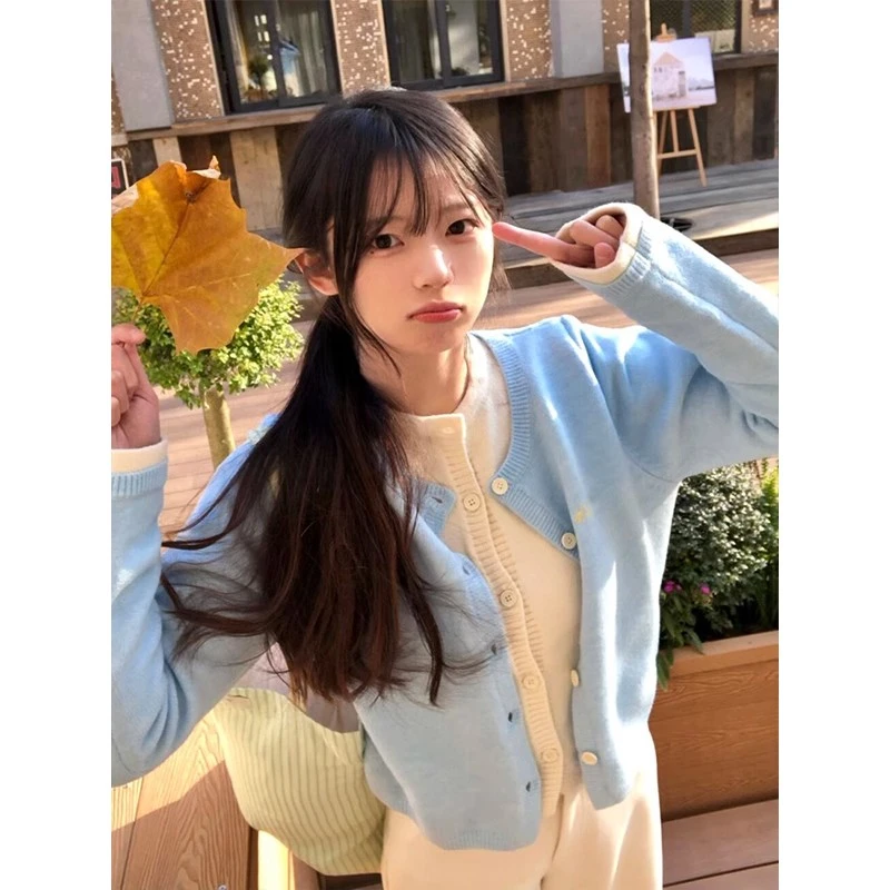假两件针织开衫女早春新款撞色拼接学院风蓝色毛衣外套慵懒上衣潮