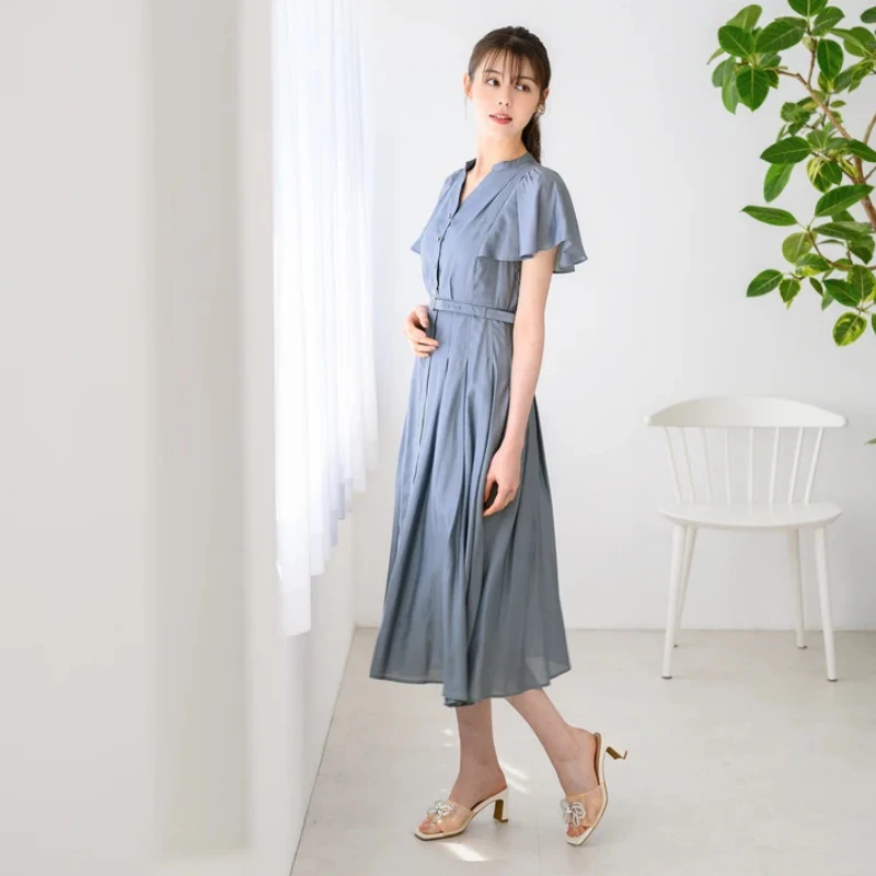 【六哥家】 夏季新款 M 舒适气质喇叭袖轻盈雪纺大摆连衣裙收腰裙子