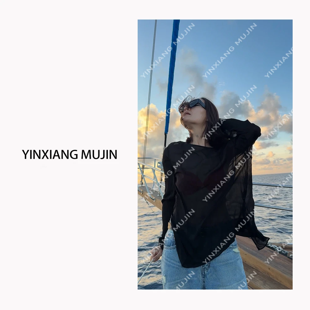 【YINXIANGMUJIN】人丝微透上衣 不规则开叉圆领套头小心机罩衫t女