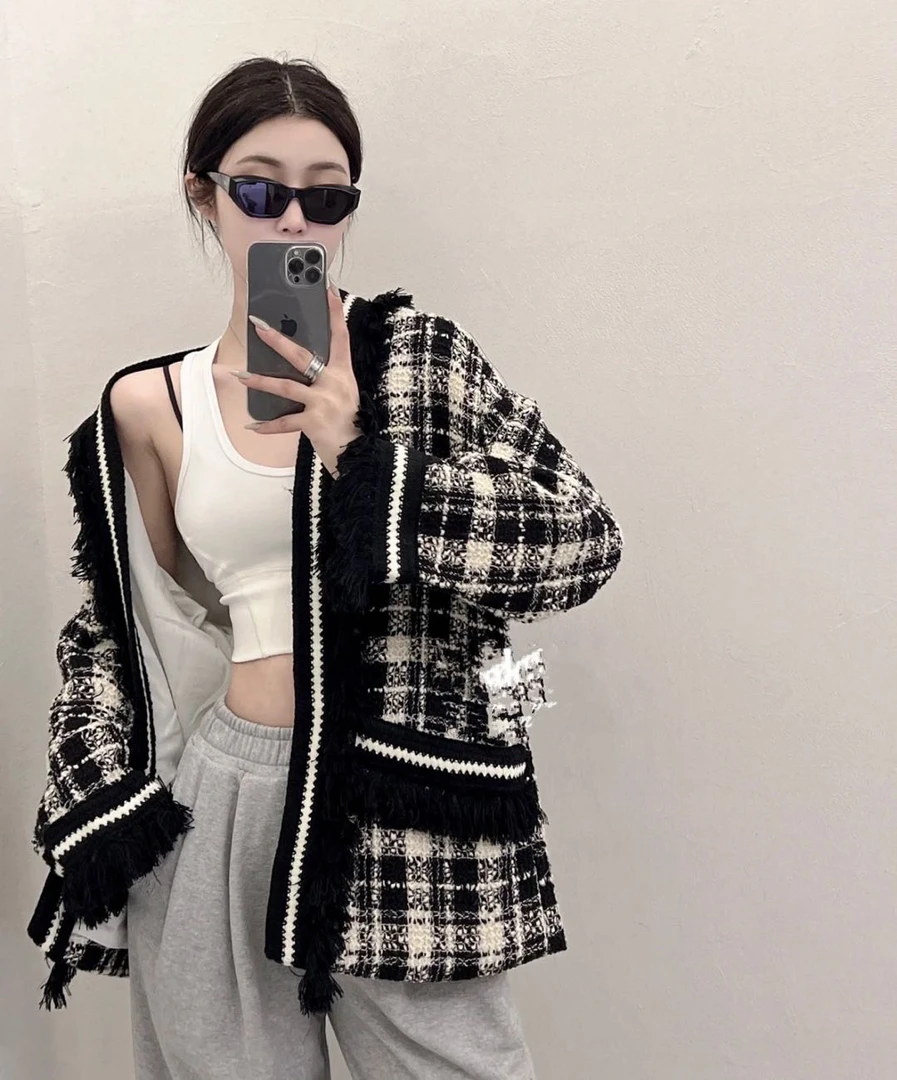 95新 GUCCI/古驰  bb1148 黑白格粗花呢流苏外套 38码 微污 95新