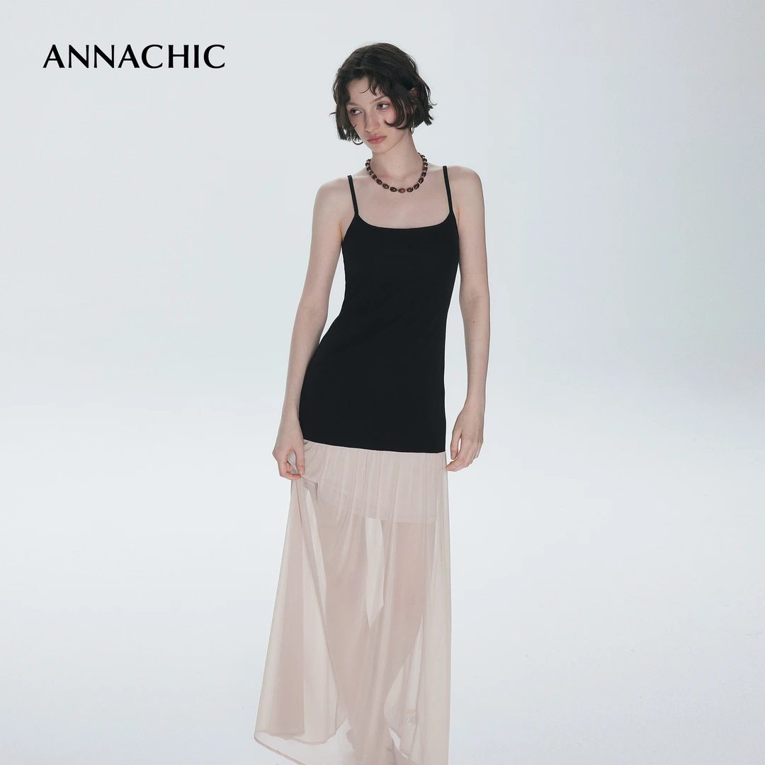 ANNACHIC浪漫飘逸_透视网纱拼接吊带连衣裙 海边度假风绝美长裙子