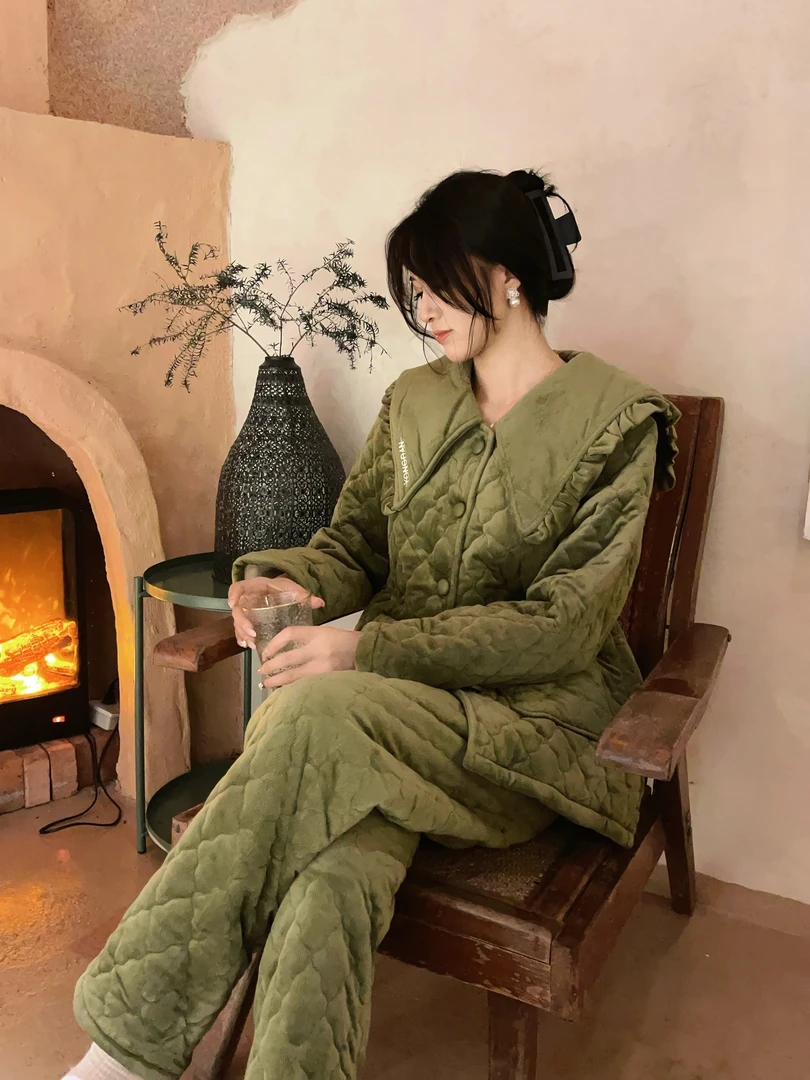 实体品牌睡衣可外穿夹棉简约奶白色加绒加厚家居服韩版女套装