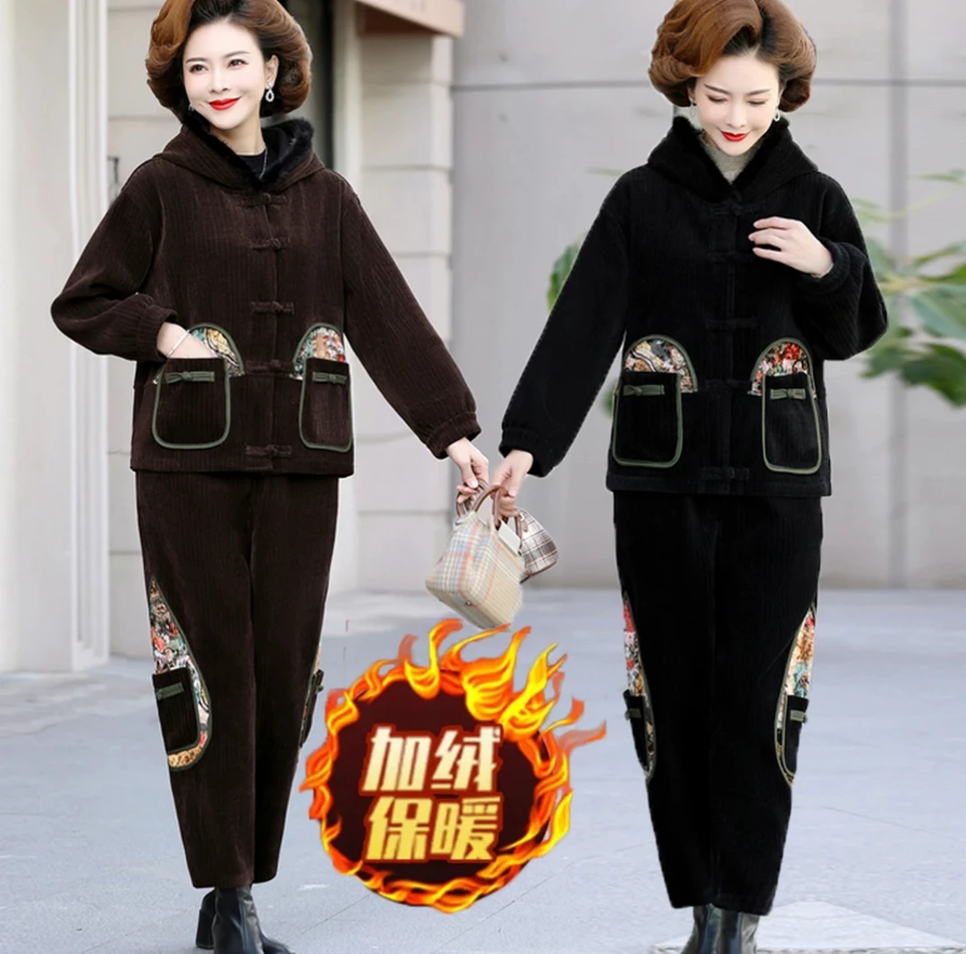 中老年女装妈妈秋冬加厚加绒灯芯绒套装连帽休闲减龄大码时尚外套