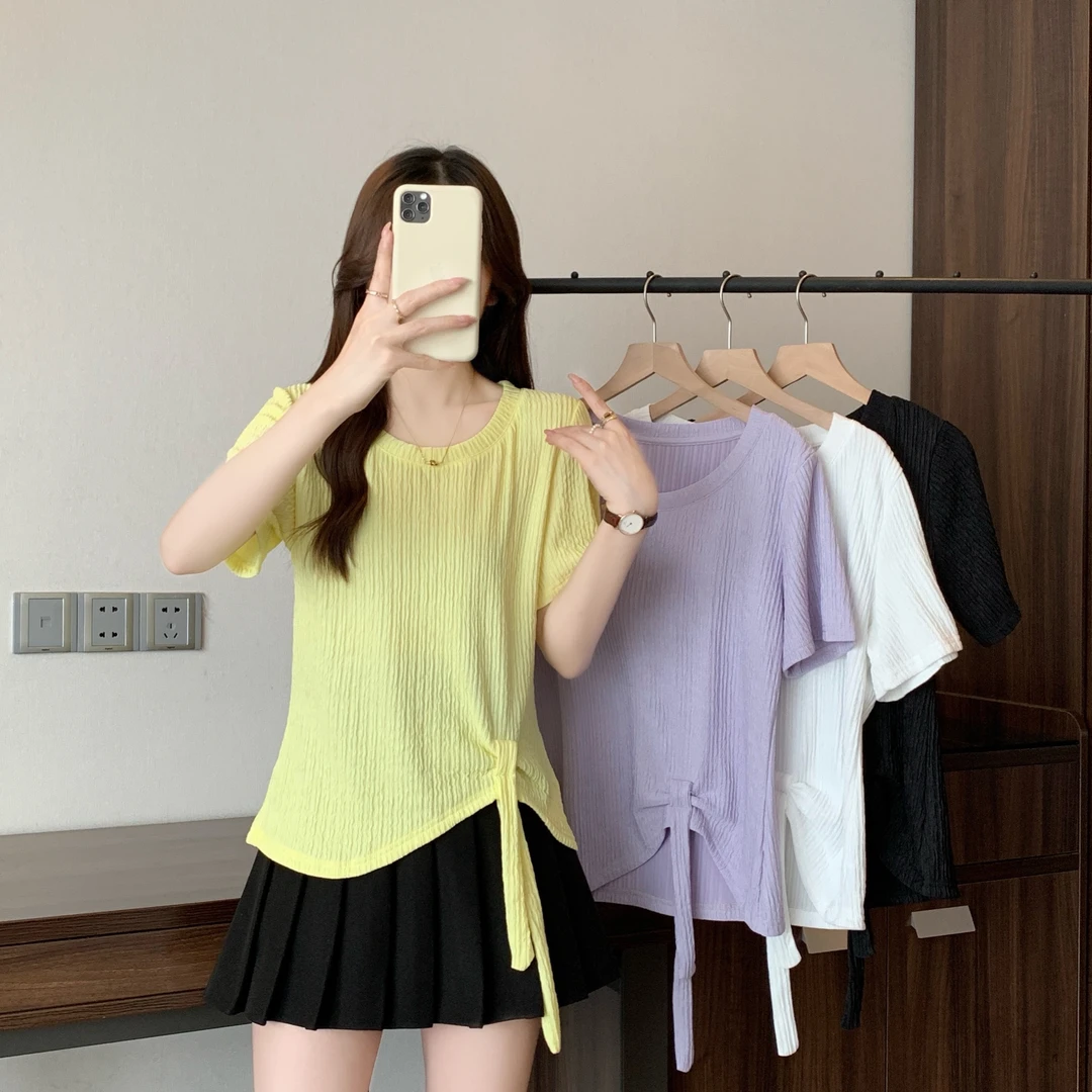 2025新款简约百搭圆领收腰不规则短袖T恤女7124