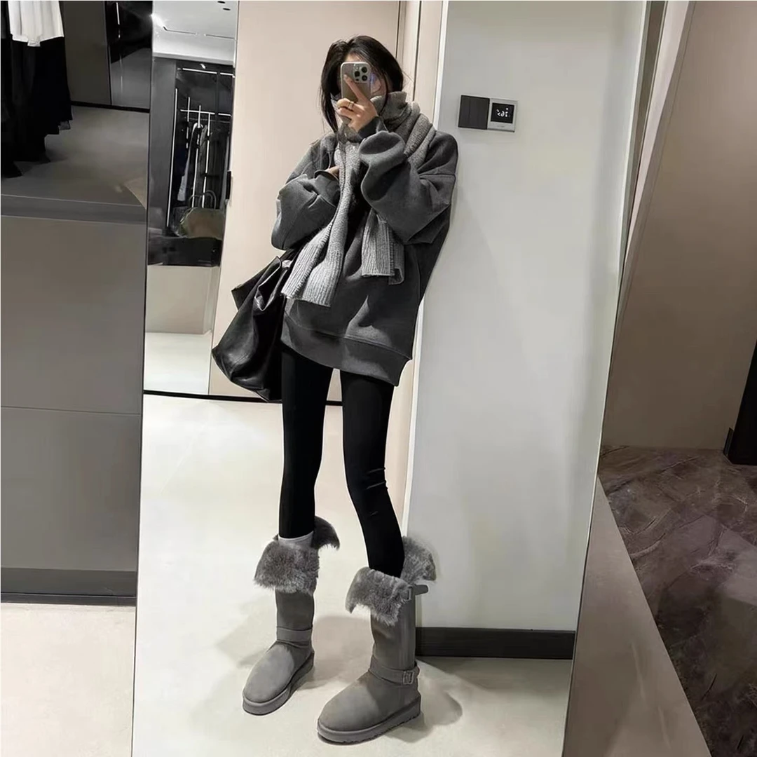 厚底雪地靴女高筒灰色骑士靴2025冬季羊皮毛一体两穿加绒加厚Y