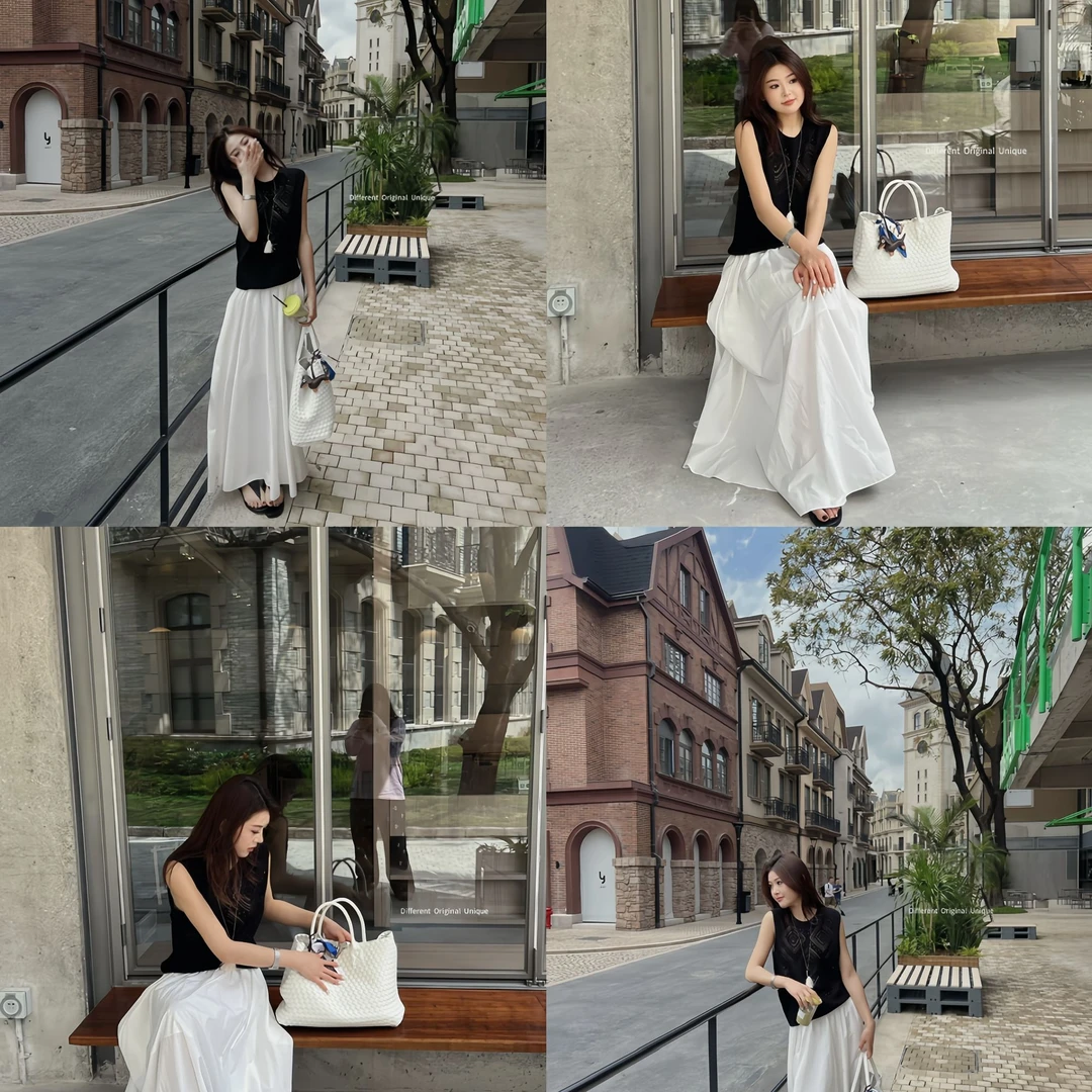 DOU×【米兰假日】初春新款圆领提花镂空背心+伞形垂感褶皱半身裙