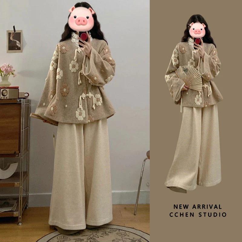 CCHEN STUDI中式盘扣国风毛呢外套显瘦遮肉阔腿裤洋气穿搭两件套