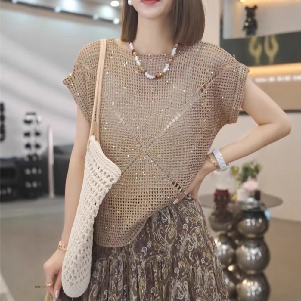 【赖妹妹】亮片设计感慵懒风舒适镂空针织衫2025夏季套头简约罩衫纯