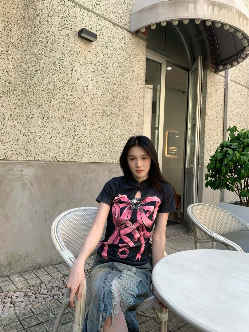 FORDARE福蝶 蝴蝶结丝带旗袍领新中式短袖针织上衣打底衫