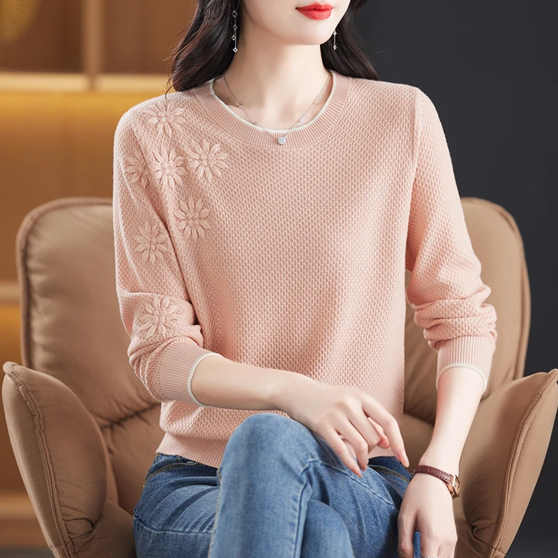 【羊毛衫】洋气百搭秋季长袖女士刺绣薄款绣花不缩水时尚圆领衫套头