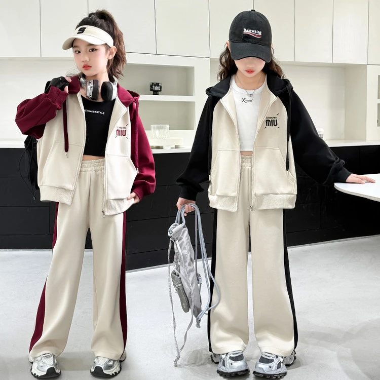 女童春季时尚休闲连帽拉链上衣运动裤子两件套中大童时髦撞色套装