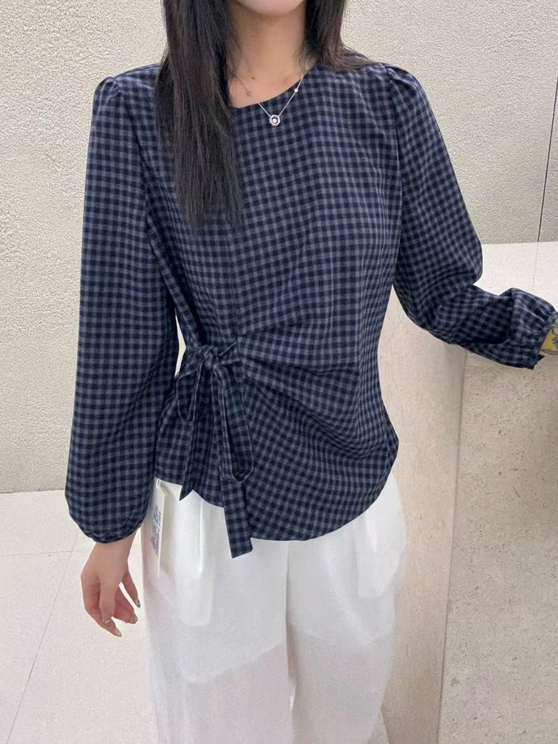 ［现货］FA39早秋韩系格子系带收腰显瘦长袖复古风不易皱衬衫衬衣