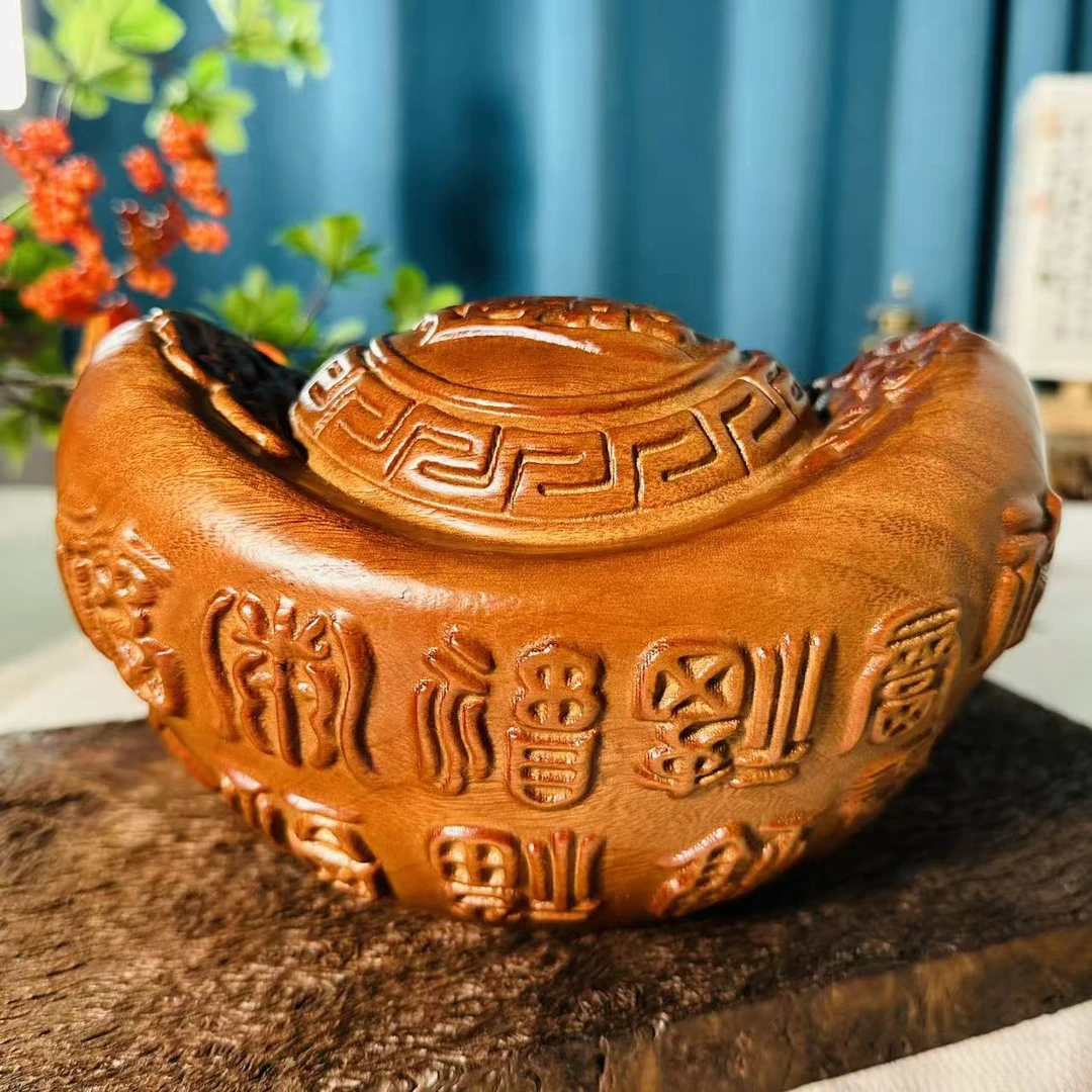 香樟木多福大号元宝装饰摆件