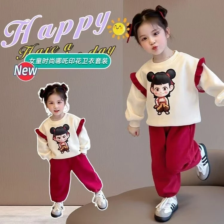 儿童春秋卡通哪吒洋气2025套装女童花边宝宝卫衣休闲两件套