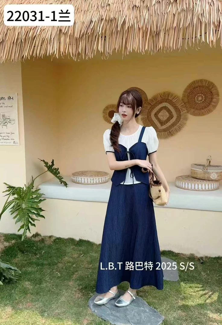 8808【衣长48裙长85】中国风假两件上衣半身裙夏季休闲显瘦两件套装