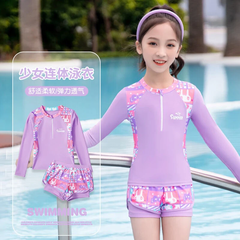 32669Y儿童泳衣女童新款长袖防晒分体款泳衣小中大童游泳衣女童
