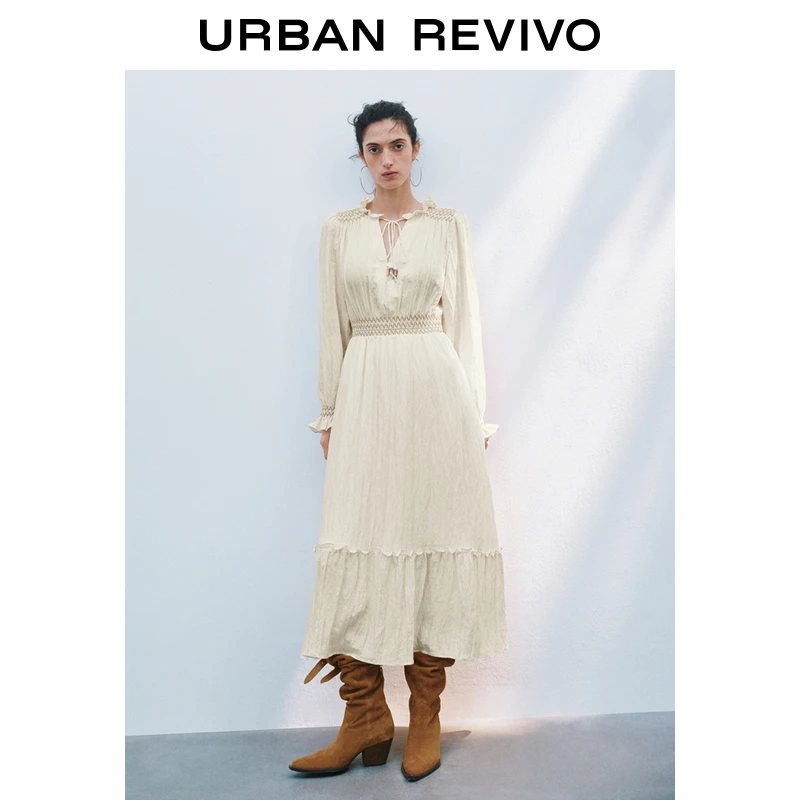 UR2025秋季新款女装休闲波西米亚风花边系带连衣裙UWH750031
