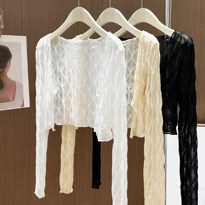 白色透视蕾丝防晒开衫女夏季吊带裙外搭披肩罩衫菱形格小坎肩上衣