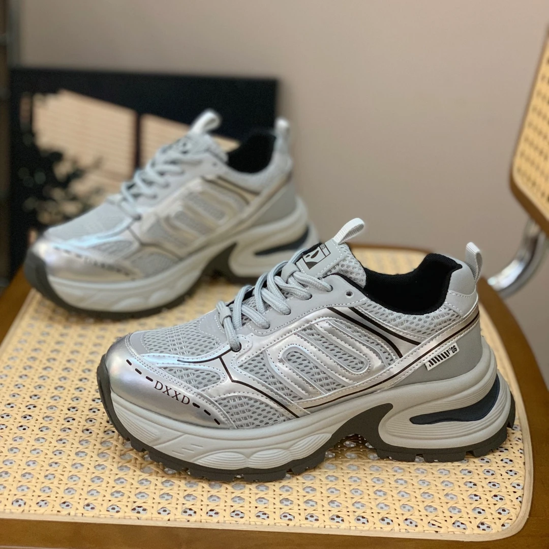 拼色厚底老爹鞋女2025春新款百搭舒适轻便网面透气系带休闲运动鞋