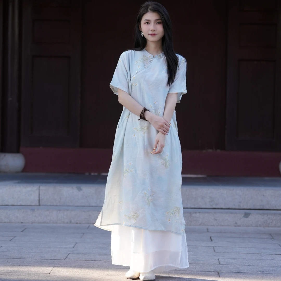 青衫原创【短袖寻茶】夏季新中式印花连衣裙蓝色提花双层连衣裙