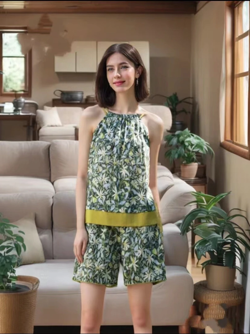 夏季睡衣绿色小碎花休闲套装