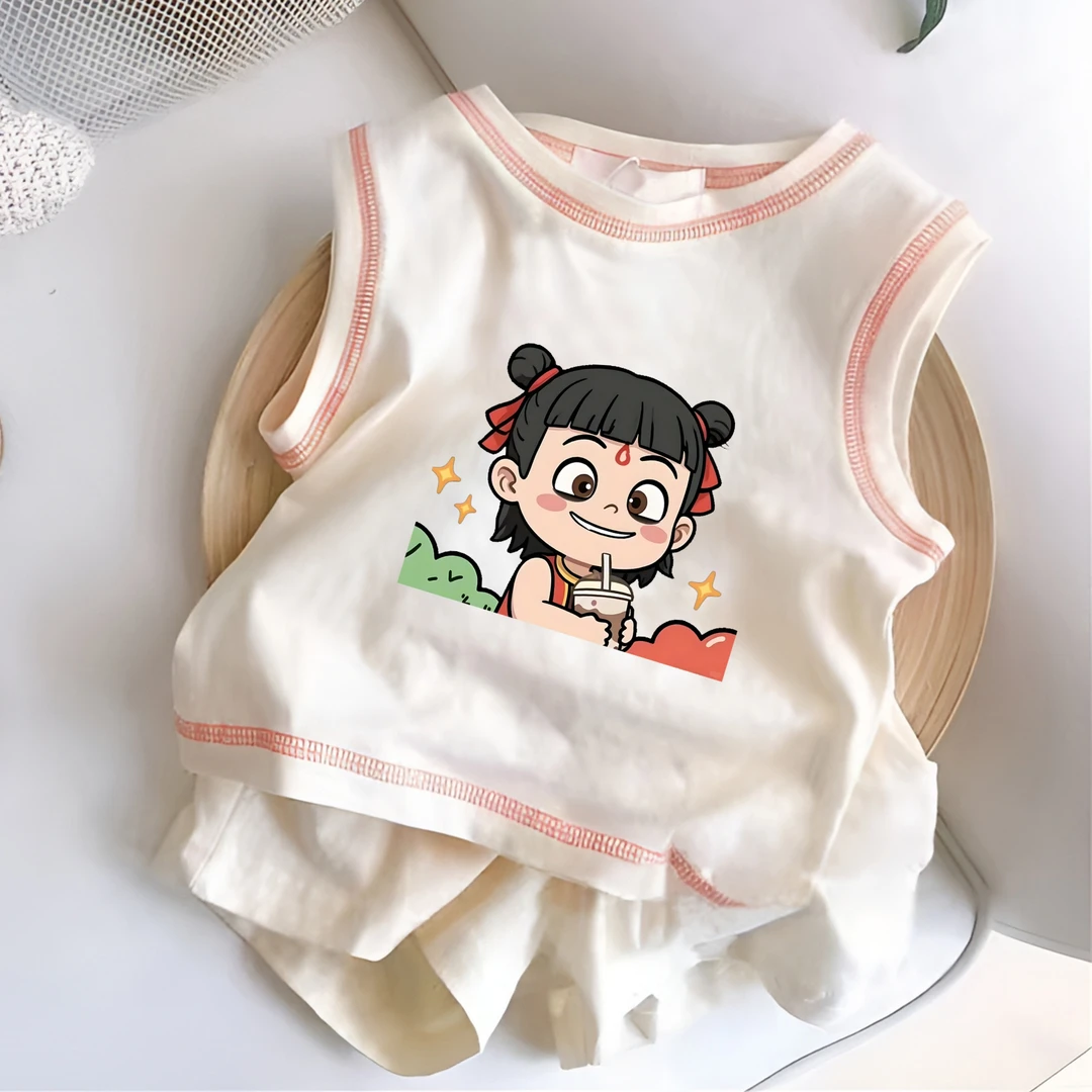 哪吒夏季女童无袖背心套装男童两件套短裤T恤小女孩宝宝婴儿夏装