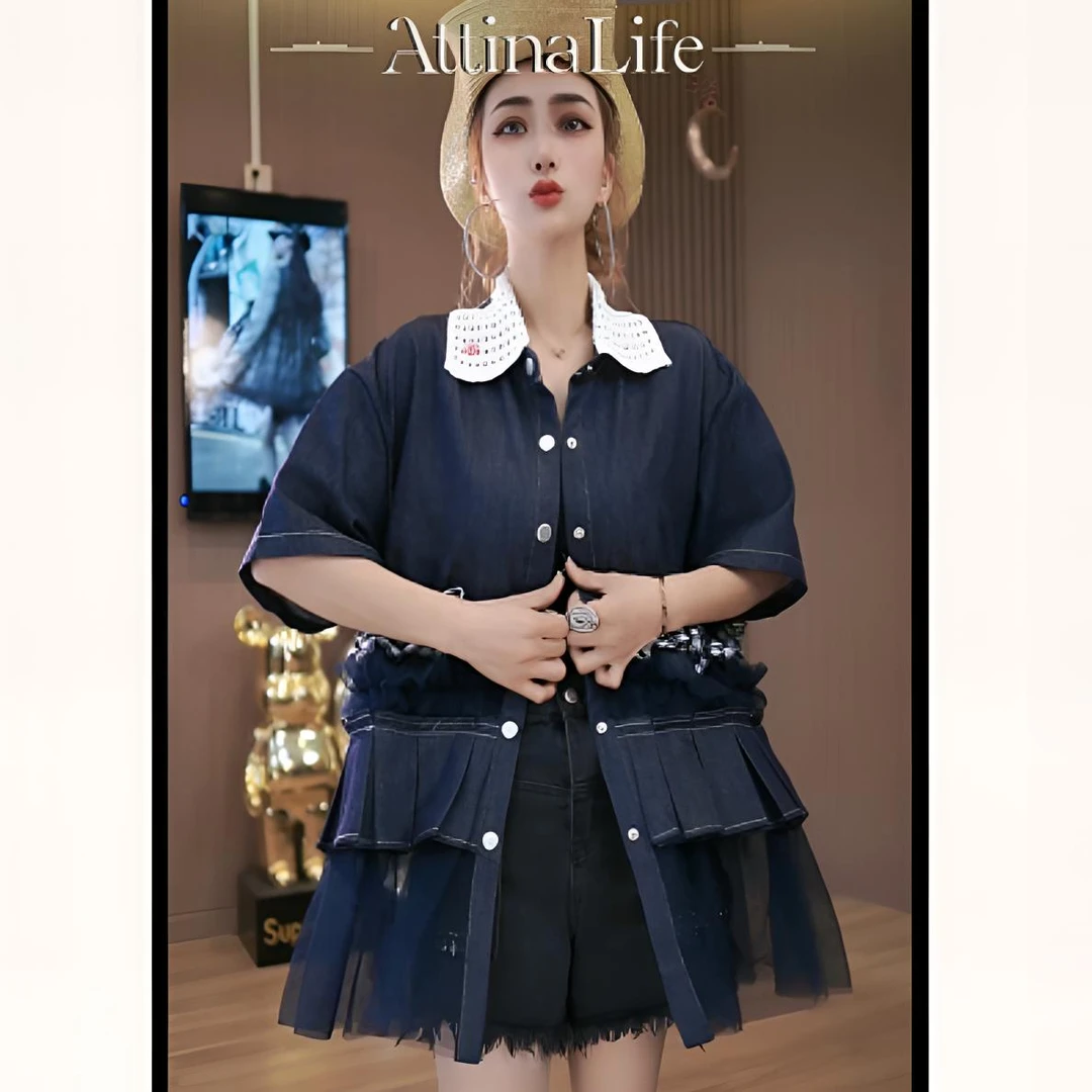 AttinaLife原创设计小众重工潮牌拼接翻领开衫牛仔A版上衣25夏