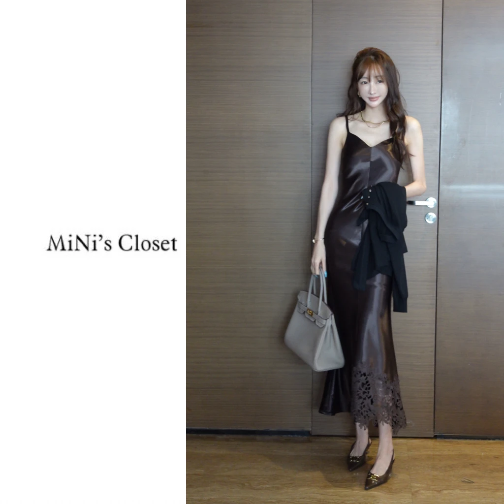 【MiNi推荐】新款时尚宴会成熟优雅缎面吊带蕾丝花边衣裙女JE2015