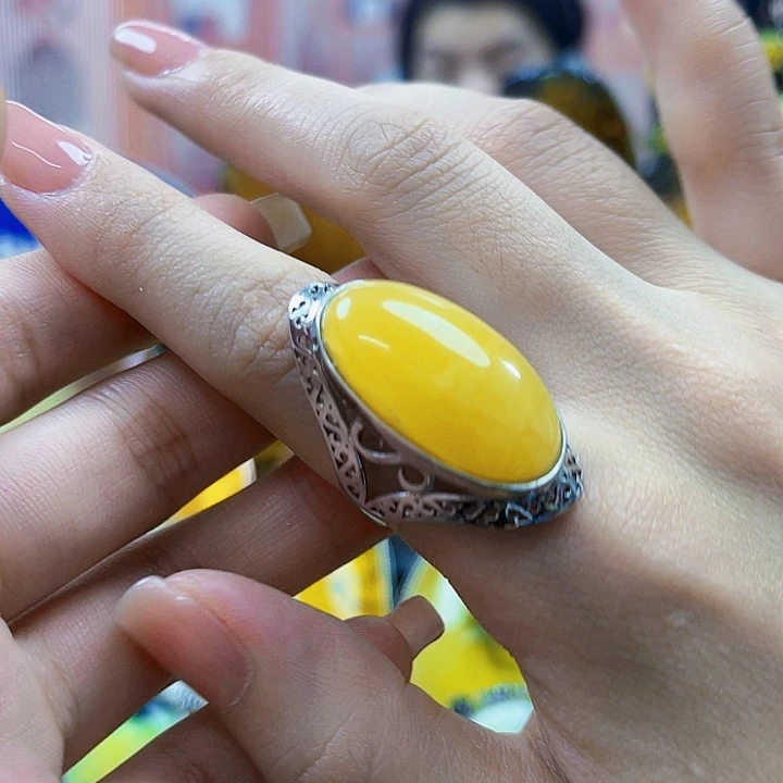 琥珀银S925镶嵌裸石戒指